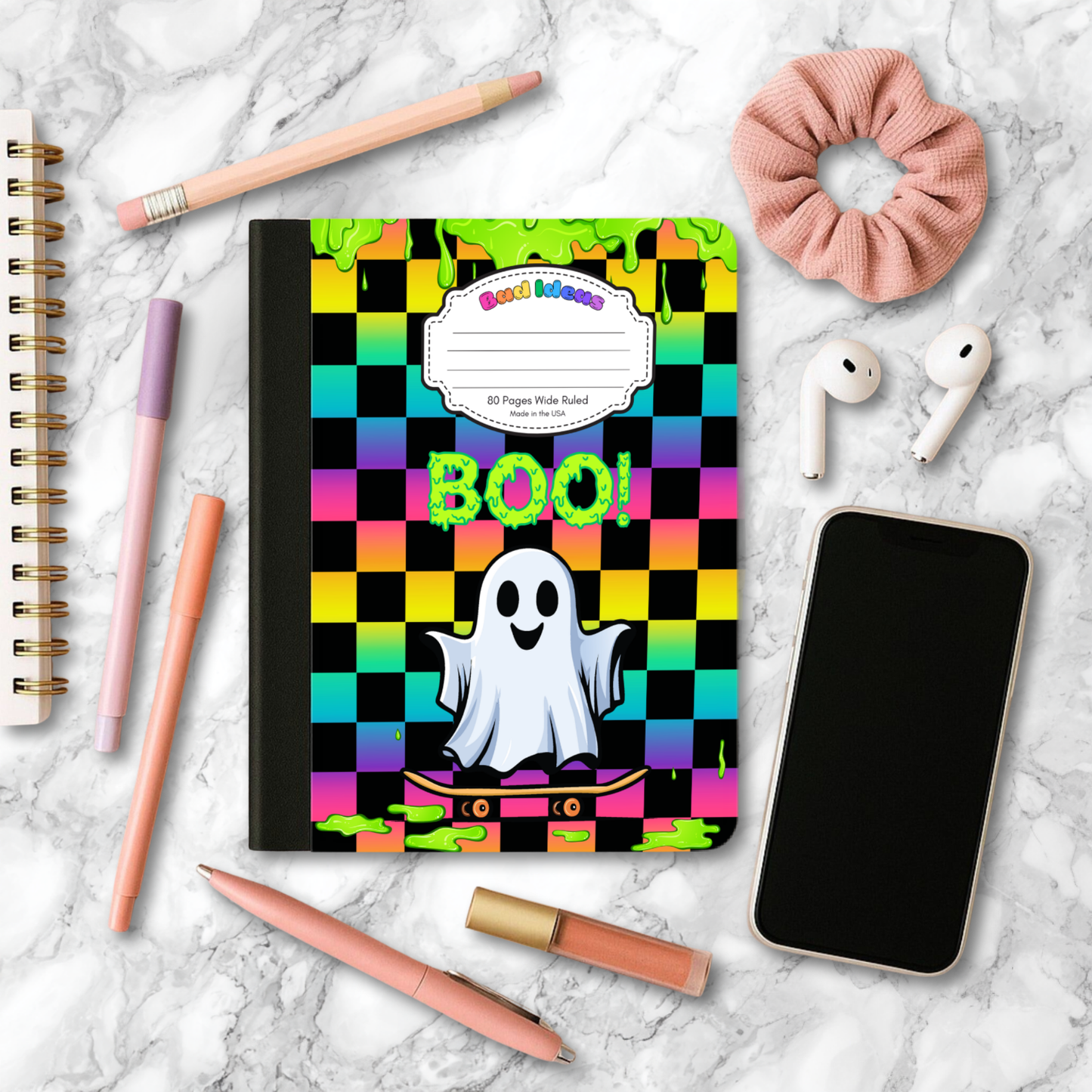 Rainbow Dreamcore 90s y2k Aesthetic Skater Ghost Composition Notebook and Bookmark Set