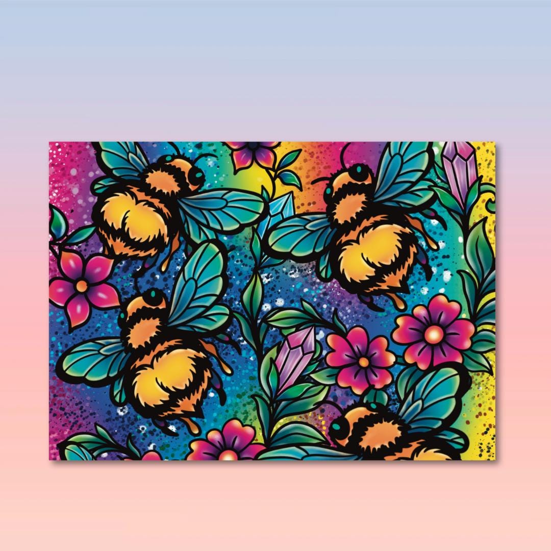 Whimsigoth Bee Art Print 5x7 Rainbow Floral Mini Print – Original Artwork, Bold Cute Gothic Decor, Millennial-Core Wall Art, Bee Lover Gift