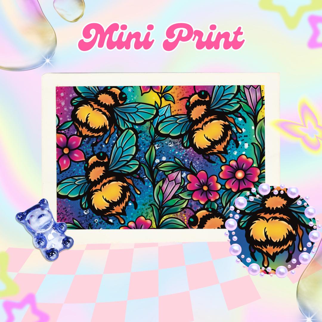 Whimsigoth Bee Art Print 5x7 Rainbow Floral Mini Print – Original Artwork, Bold Cute Gothic Decor, Millennial-Core Wall Art, Bee Lover Gift