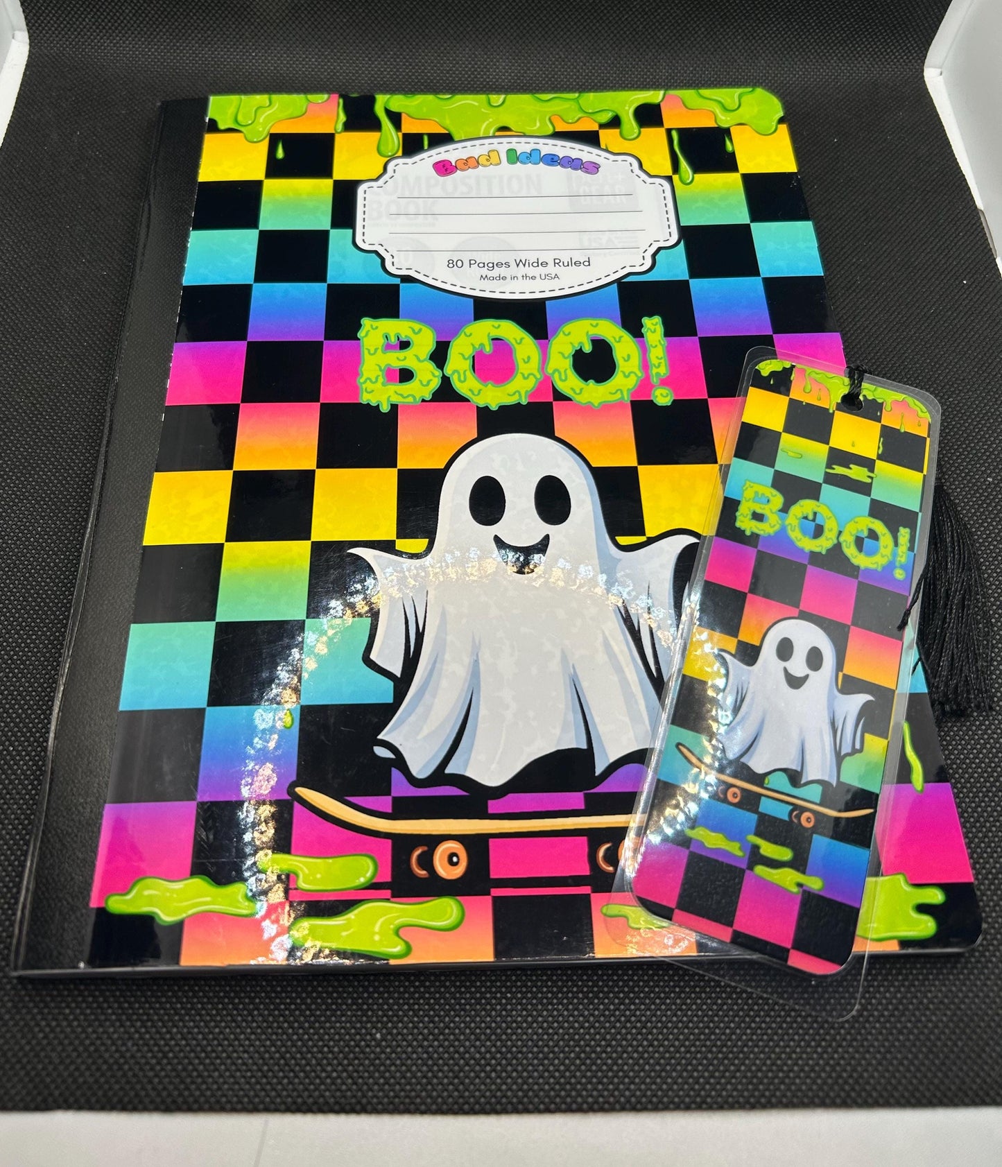 Rainbow Dreamcore 90s y2k Aesthetic Skater Ghost Composition Notebook and Bookmark Set