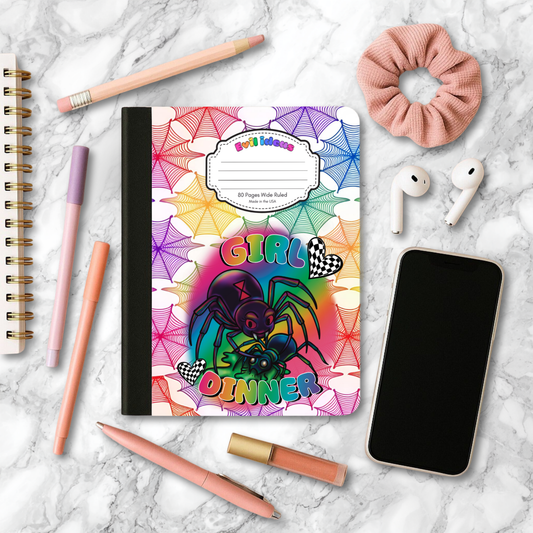 Rainbow Dreamcore 90s y2k Aesthetic Girl Dinner Black Widow Notebook and Bookmark Set