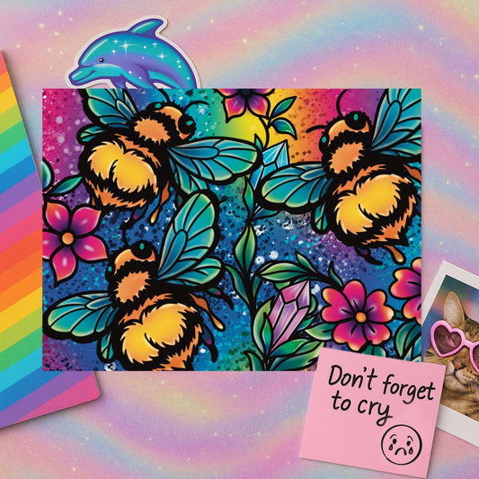 Whimsigoth Bee Art Print  5x7 Rainbow Floral Mini Print – Original Artwork, Bold Cute Gothic Decor, Millennial-Core Wall Art, Bee Lover Gift