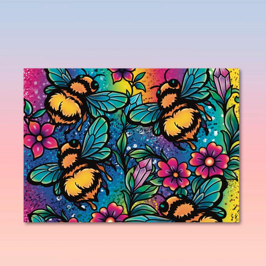 Whimsigoth Bee Art Print  5x7 Rainbow Floral Mini Print – Original Artwork, Bold Cute Gothic Decor, Millennial-Core Wall Art, Bee Lover Gift