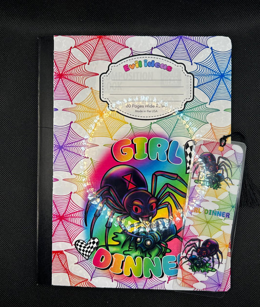 Rainbow Dreamcore 90s y2k Aesthetic Girl Dinner Black Widow Notebook and Bookmark Set